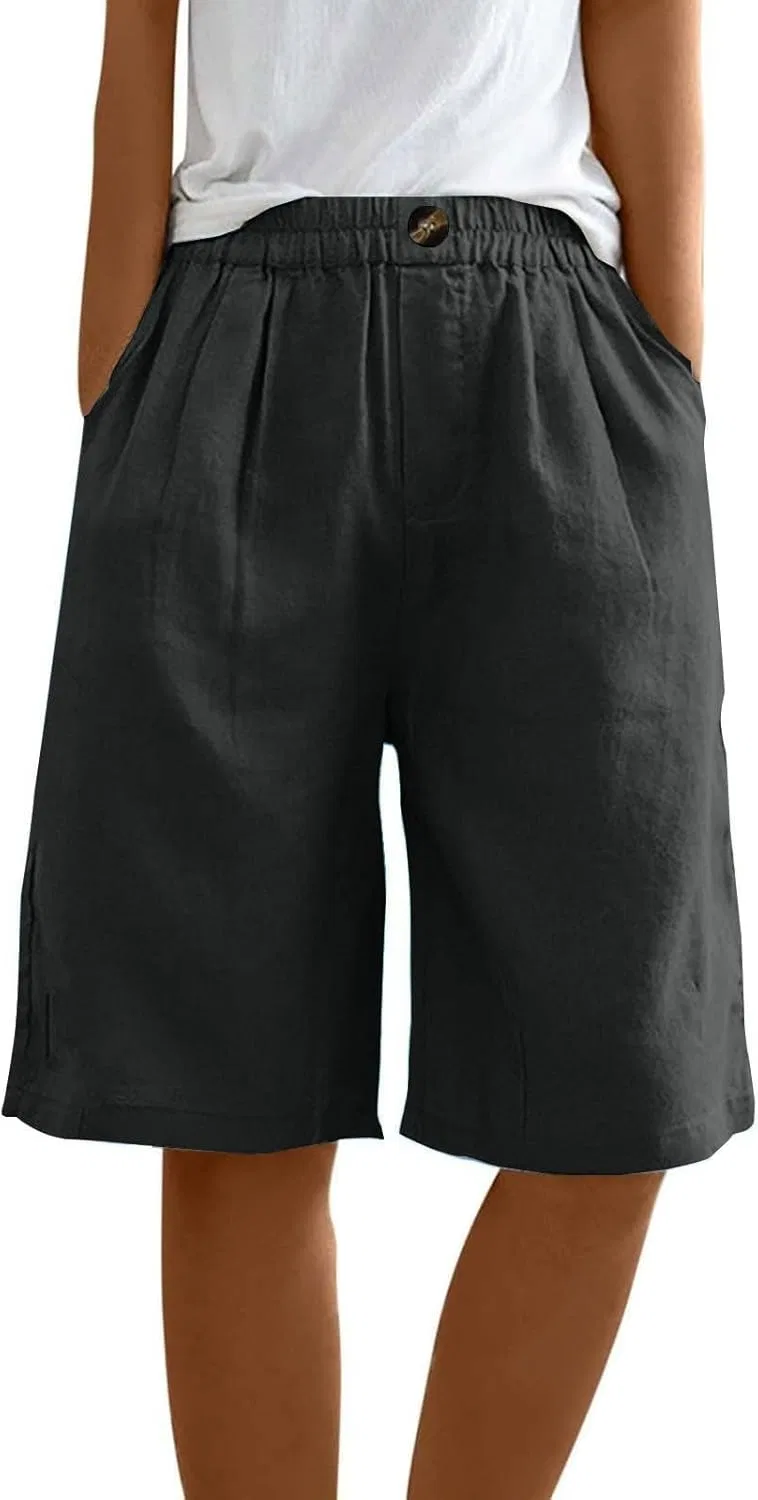 Шорты бермуды женские из льна и хлопка, свободные, широкие, 03-black — фото 3