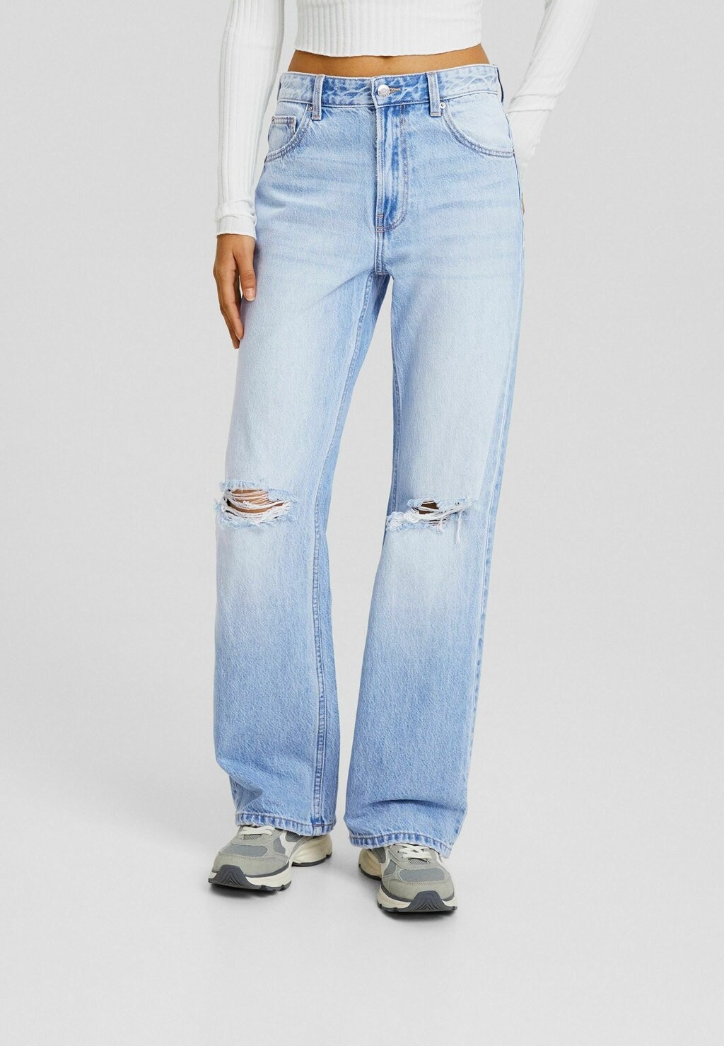 

Джинсы-клеш Wide-Leg Ripped Bershka, цвет light blue denim