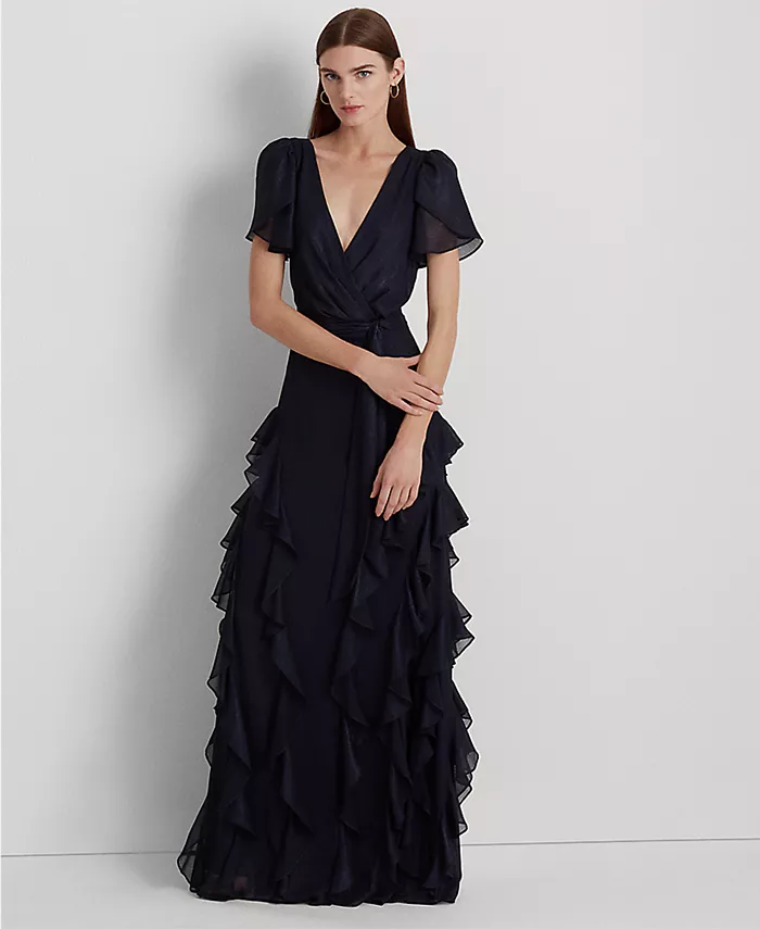 

Женское платье из металлизированного шифона с рюшами Lauren Ralph Lauren, синий