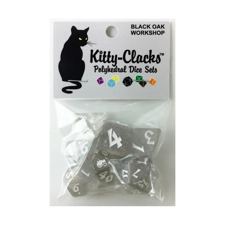 

Набор кубиков — снежок, прозрачный блеск с белым (7), Kitty-Clacks Dice