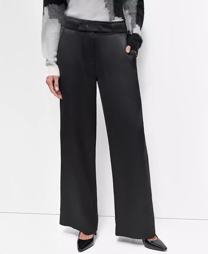 

Женские атласные брюки с высокой талией и широкими штанинами DKNY, черный