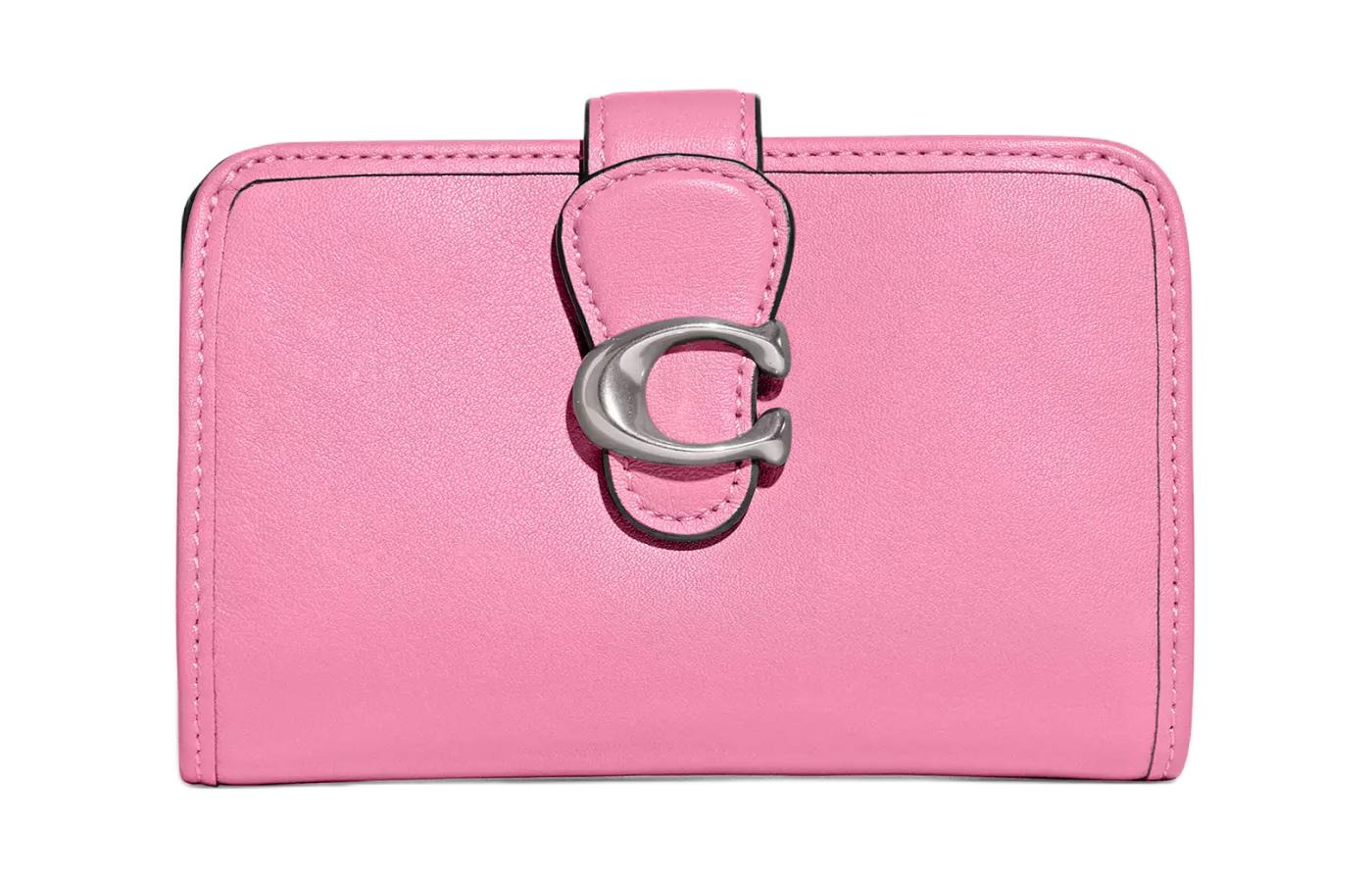 

COACH Кошелек для монет из кожи полосатого цвета, женский, среднего размера, ярко-розовый