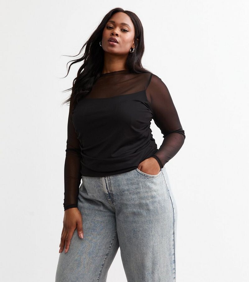 

Черный сетчатый топ с длинными рукавами и рюшами Curves New Look, черный