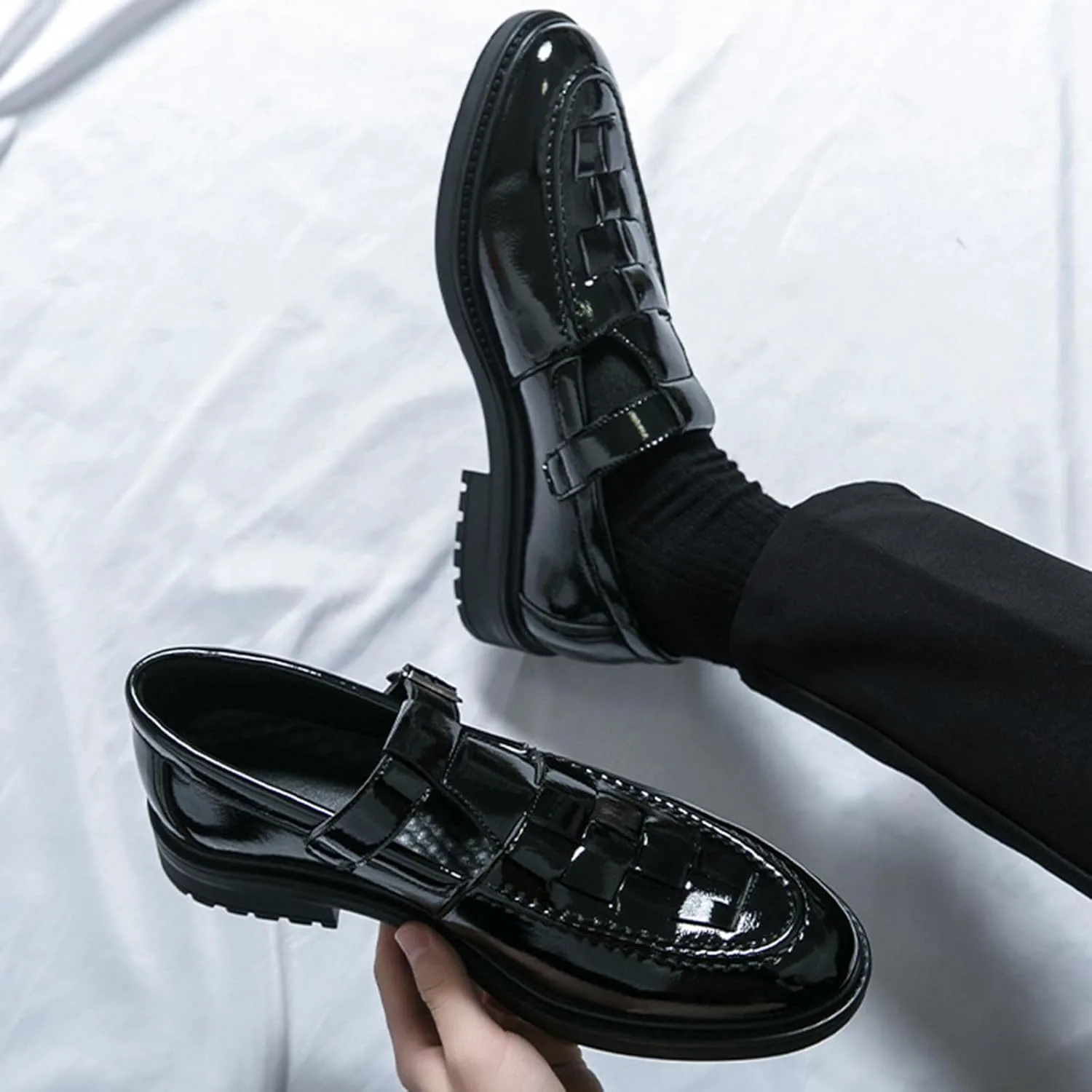 

Мужские лоферы с монк-ремнем из лакированной кожи, модные классические, с круглым носком, низкие, на шнуровке, ольстерские, бизнес-кэжуал, удобные формальные туфли GLBDU, черный