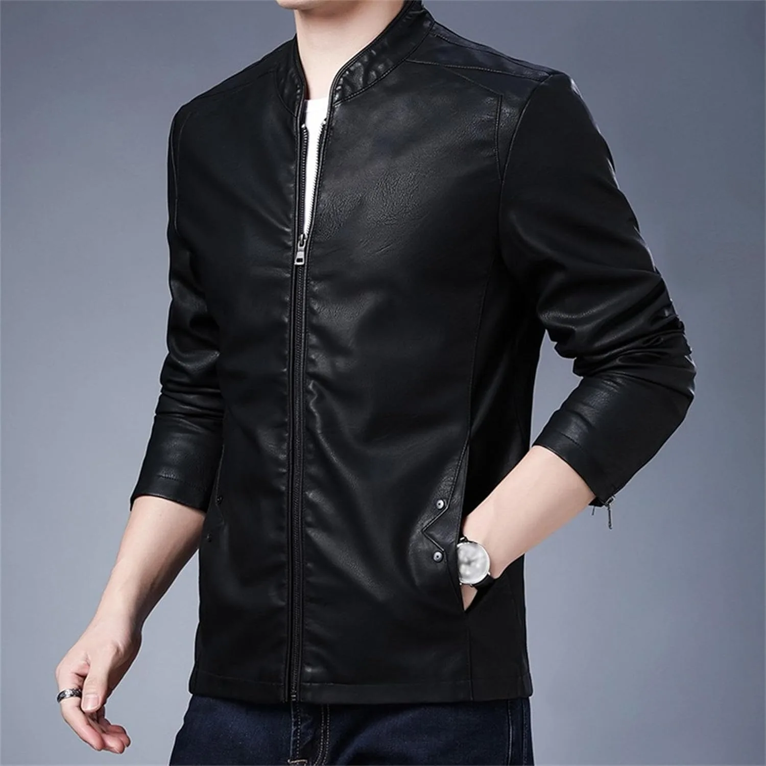 Мужская куртка-бомбер из искусственной кожи Slim Fit, легкая, в стиле мотоциклиста, на молнии, для осени и зимы Generic, черный — фото 4