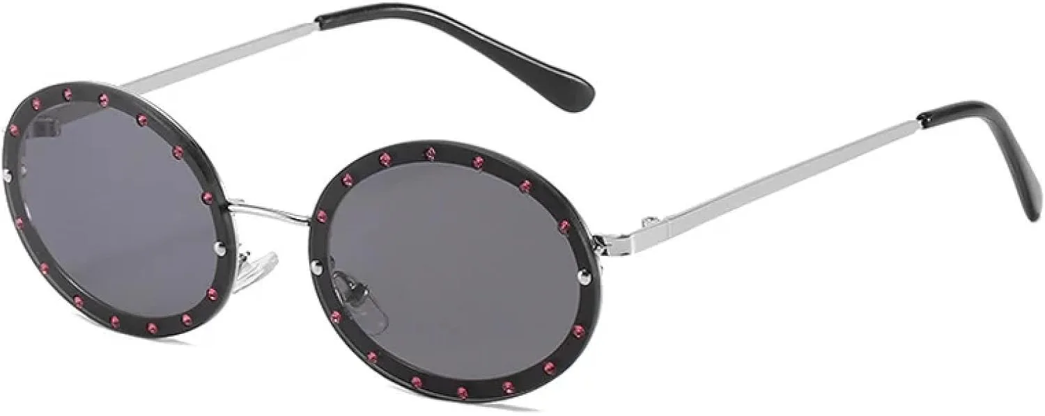 

Женские круглые солнцезащитные очки без оправы со стразами, модные, в металлической оправе, винтажные, с защитой от УФ-излучения UV400 TVTBBVV, Silver-black