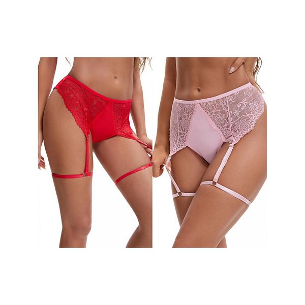 

2 пачки женских кружевных трусиков-шортиков с перфорацией и регулируемыми подвязками Inspire Chic, Pink Red