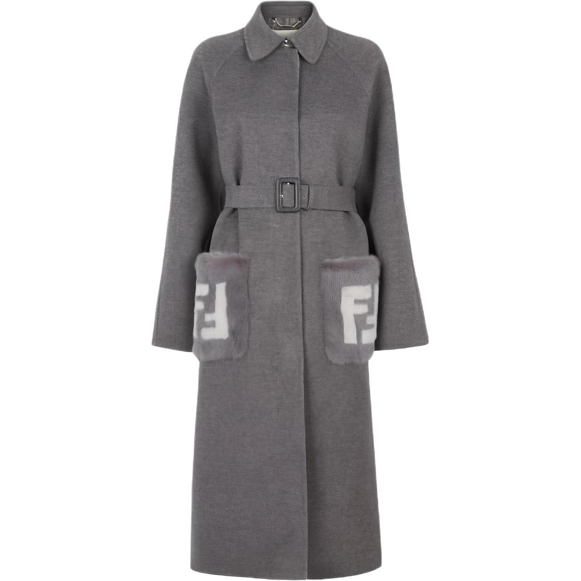 

Пальто с поясом и детальным логотипом FENDI, серый