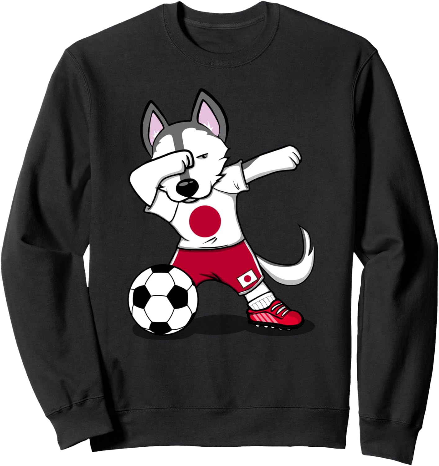 

Забавная собачка хаски, делающая «дэб», милая собачка хаски, футбол Японии, флаг Японии, спортивная толстовка Teeisle Japan Soccer, черный