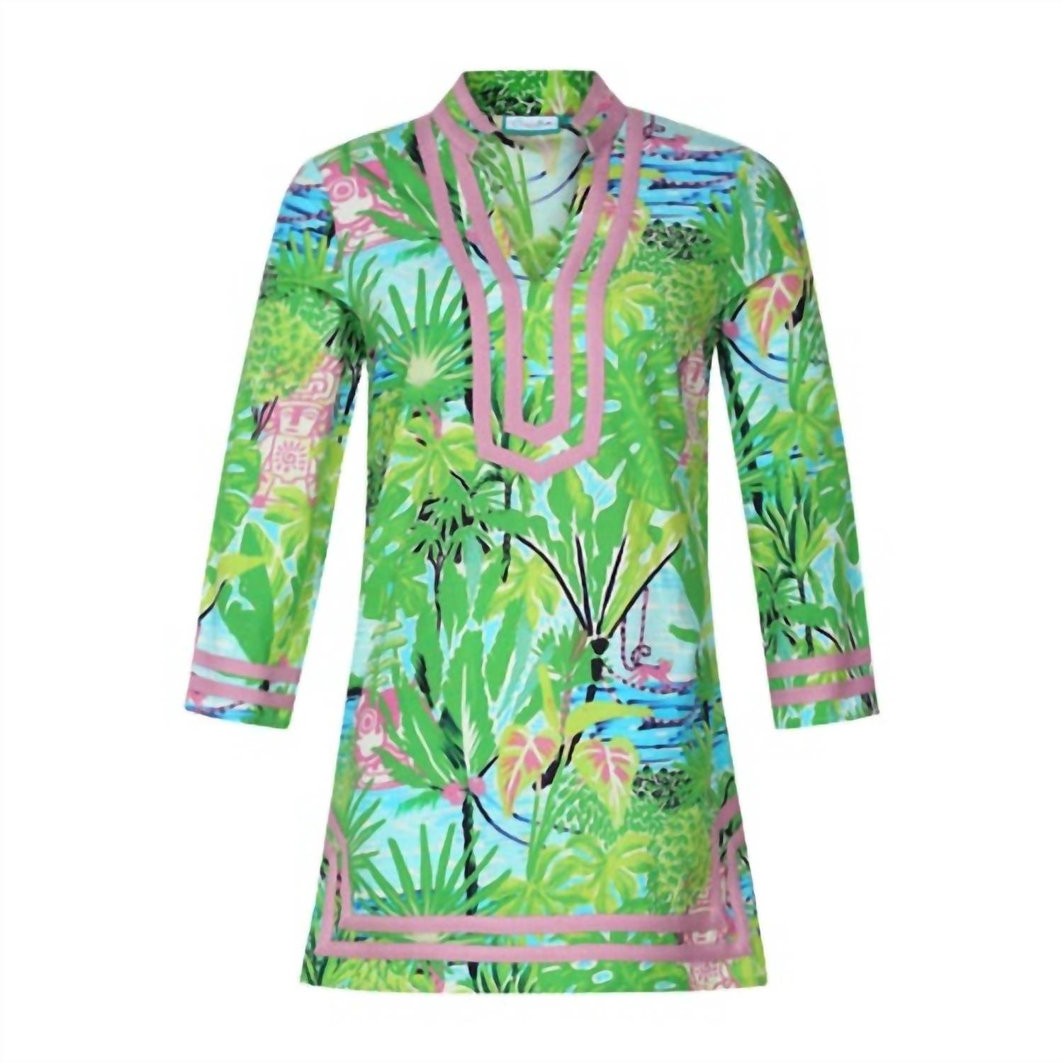 

Jungle Island Long Sleeve Cabana Cover-Up In Green Carvalho Couture
