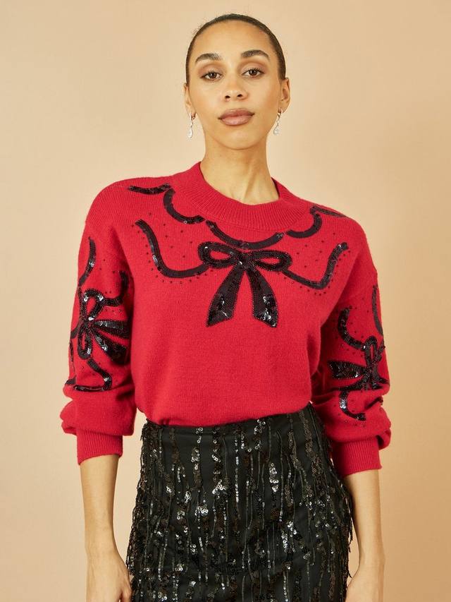 

Свитер с пайетками и бантом с круглым вырезом Yumi, Red