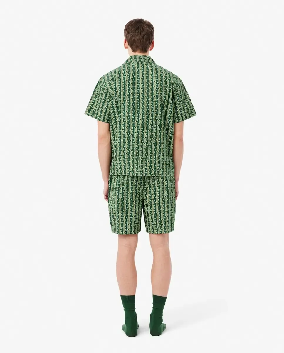 Lacoste Мужские короткие пижамные брюки из поплина с зеленым узором монограммы — фото 2
