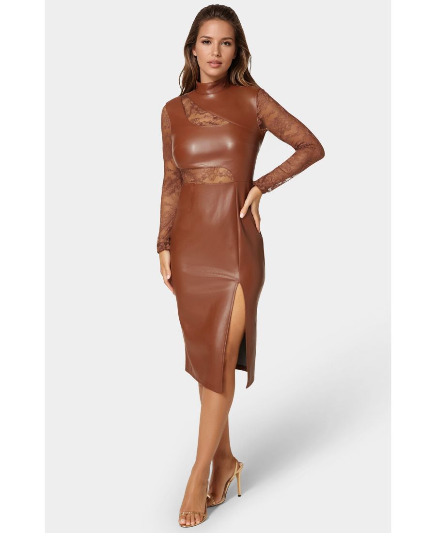 

Женское миди-платье из искусственной кожи с кружевом Bebe, Warm caramel
