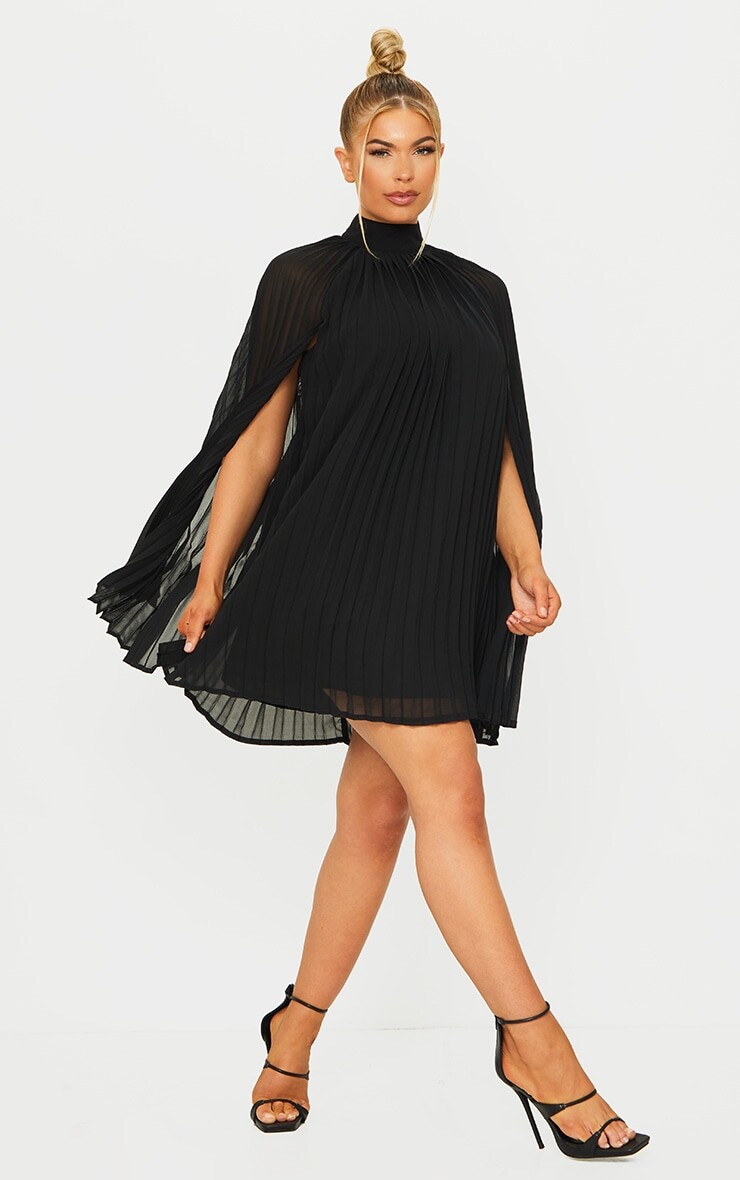 

PrettyLittleThing Черное платье прямого кроя с высоким воротником и плиссированной накидкой, Черный, PrettyLittleThing Черное платье прямого кроя с высоким воротником и плиссированной накидкой