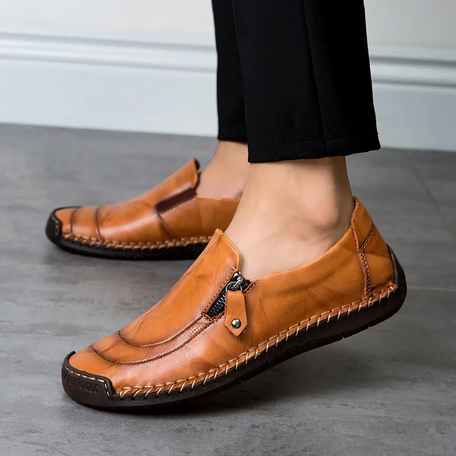 Мокасины кожаные Loafers для мужчин, желто-коричневые DAO-UPPSE — фото 3