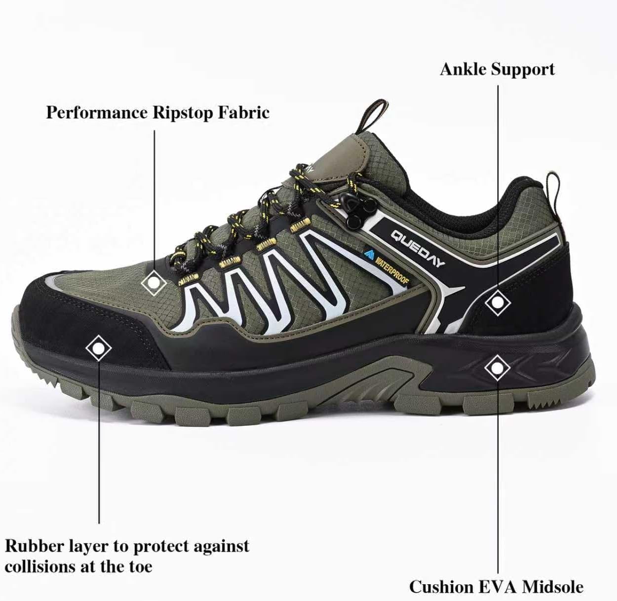 Водонепроницаемые походные ботинки Queday для мужчин, легкие прогулочные кроссовки для ежедневных походов, треккинга, троп, кемпинга и скалолазания, зеленый — фото 2