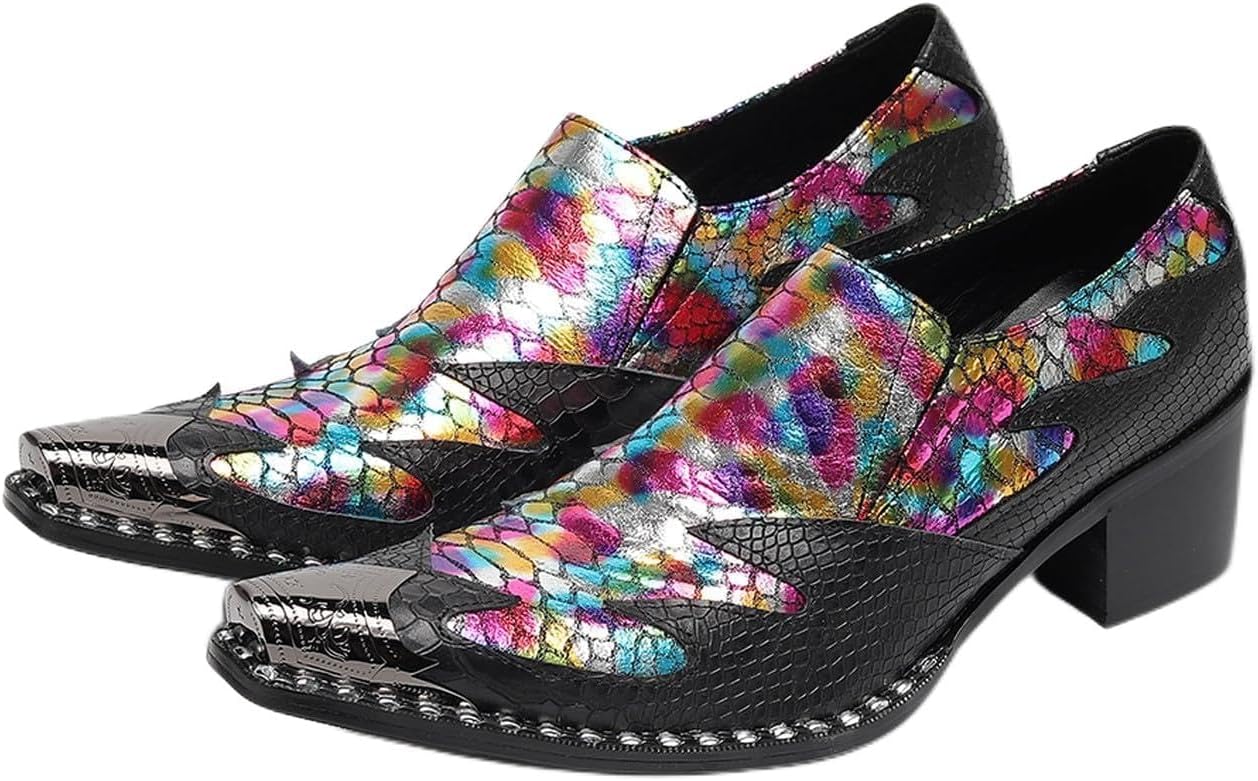 

Мужские туфли-слипоны, повседневные лоферы с металлическим заостренным носком, каблук-блок, двухцветная кожа, стиль вестерн, для офиса, вечеринок и баров Santimon, черный