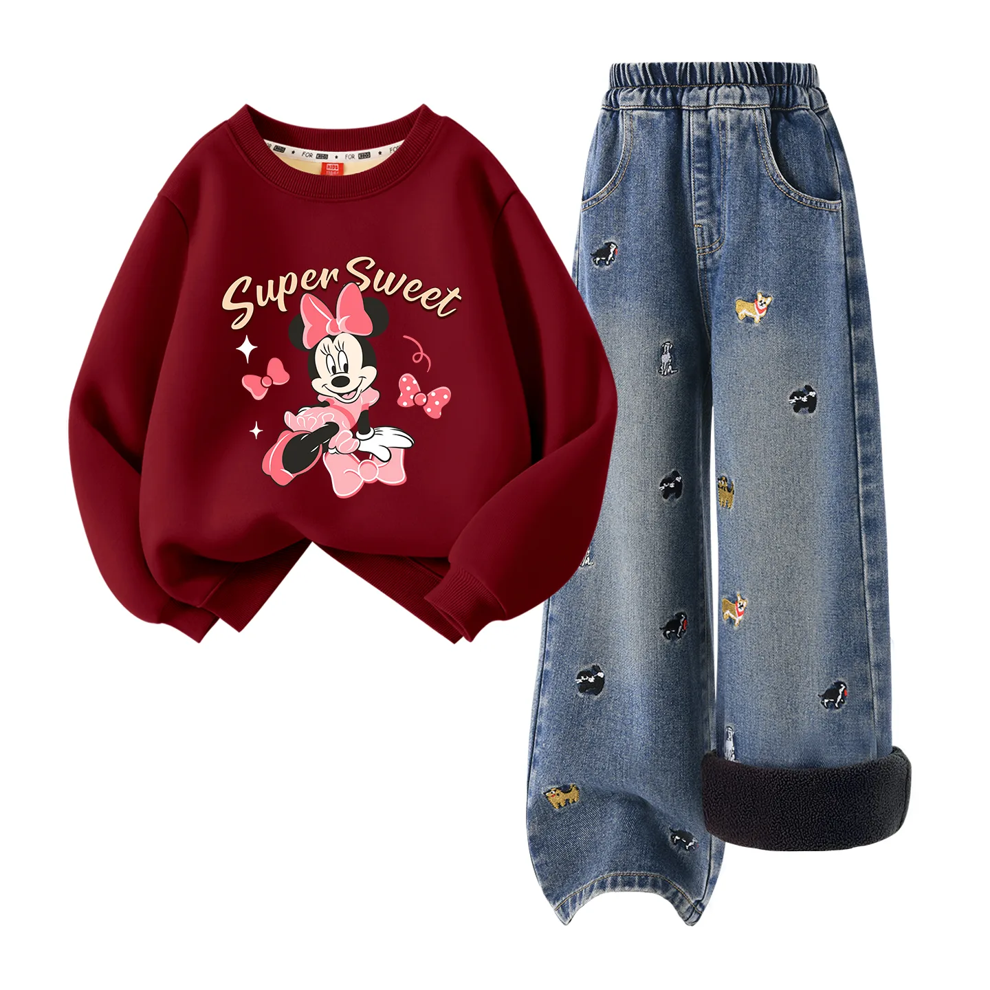 Детский спортивный костюм с круглым вырезом Disney, [Thickened and Fleece-Lined]Diy Butterfly Wine Red+Solid Color Denim Blue