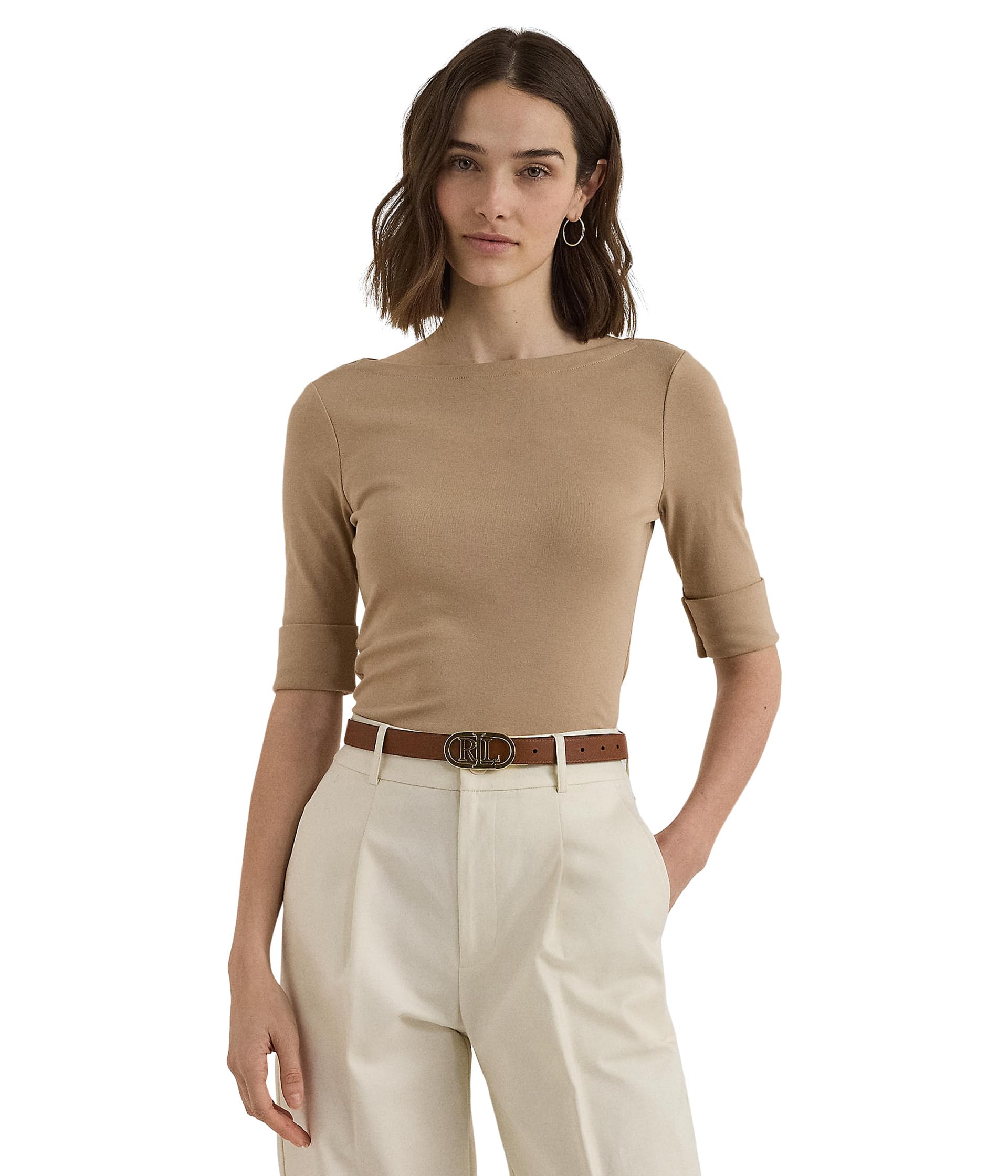 

Футболка Lauren Ralph Lauren Petite Stretch Cotton Boatneck Tee, цвет Birch Tan