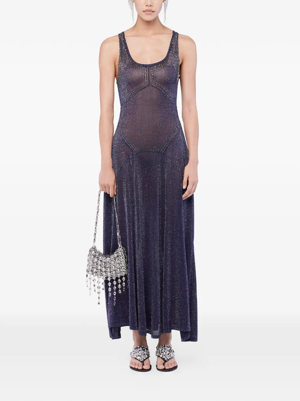 

Расклешенное трикотажное платье с термоклеевыми стразами Rabanne, синий