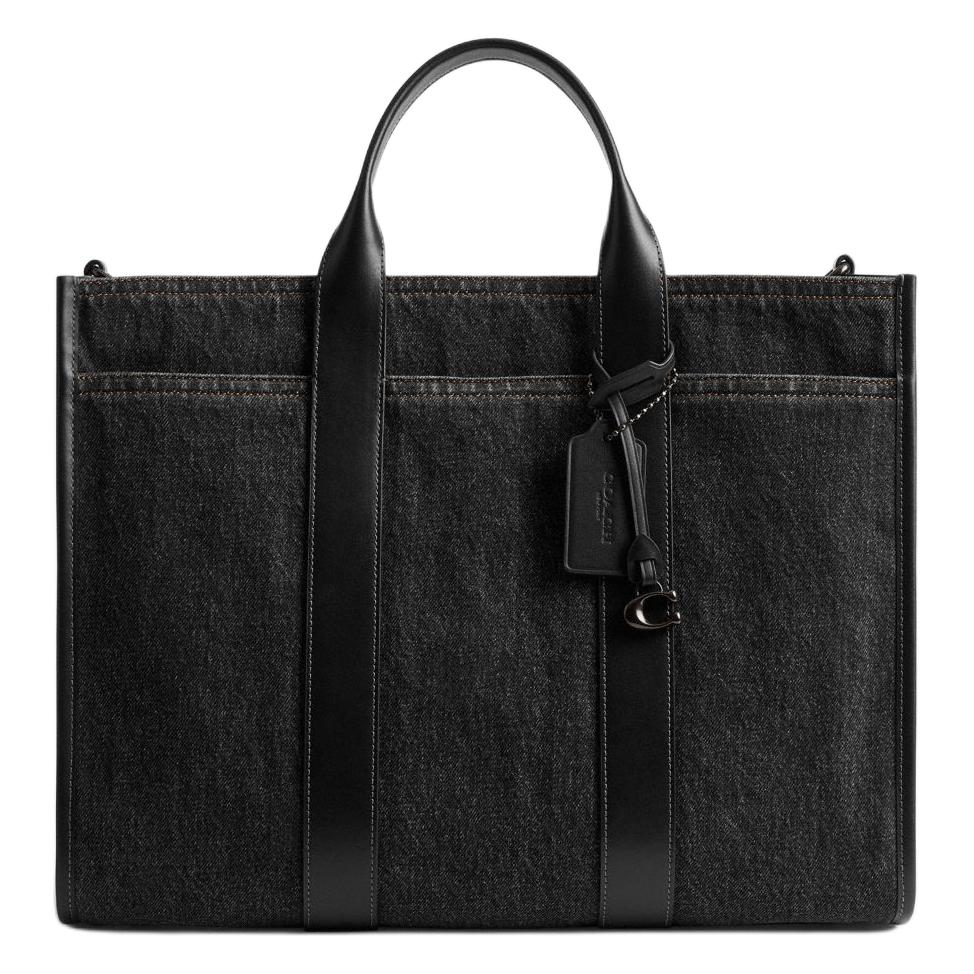 

COACH Сумка-шоппер, сумка через плечо, большая сумка для мужчин denim с отделкой из телячьей кожи, washed black