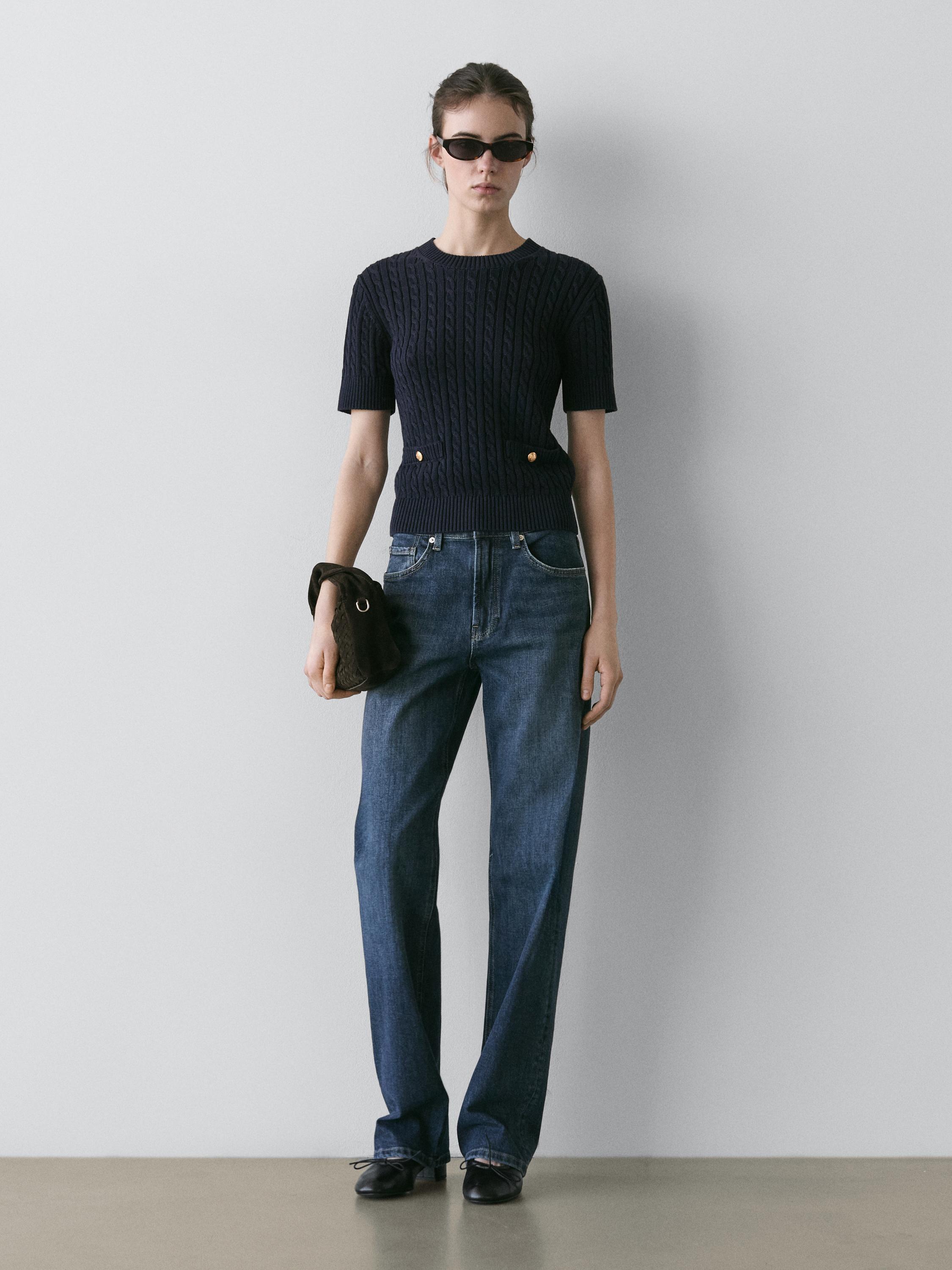 

Вязаный свитер с узором «косы» и коротким рукавом Massimo Dutti, navy blue