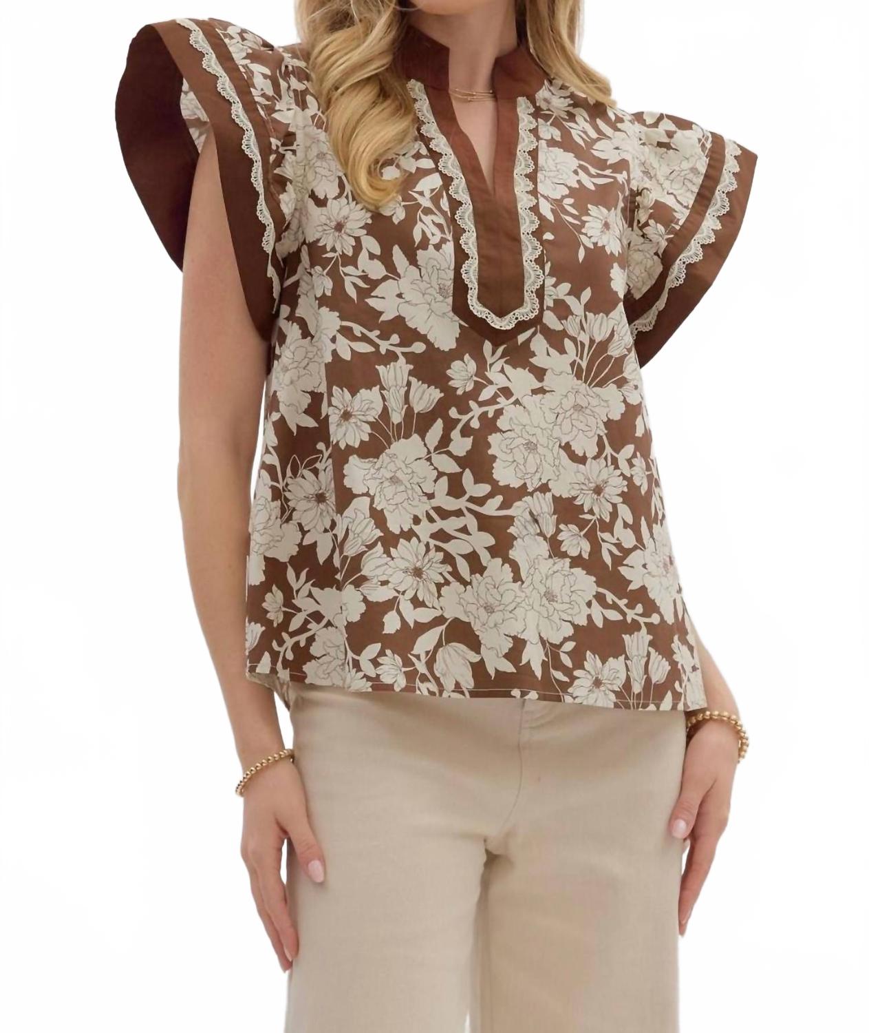 

Entro Топ с цветочным принтом, рукавами-крылышками, контрастной отделкой и кружевом, коричневого цвета