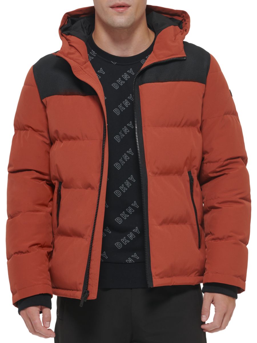 

Классический крой, пуховик с капюшоном и логотипом DKNY, красный