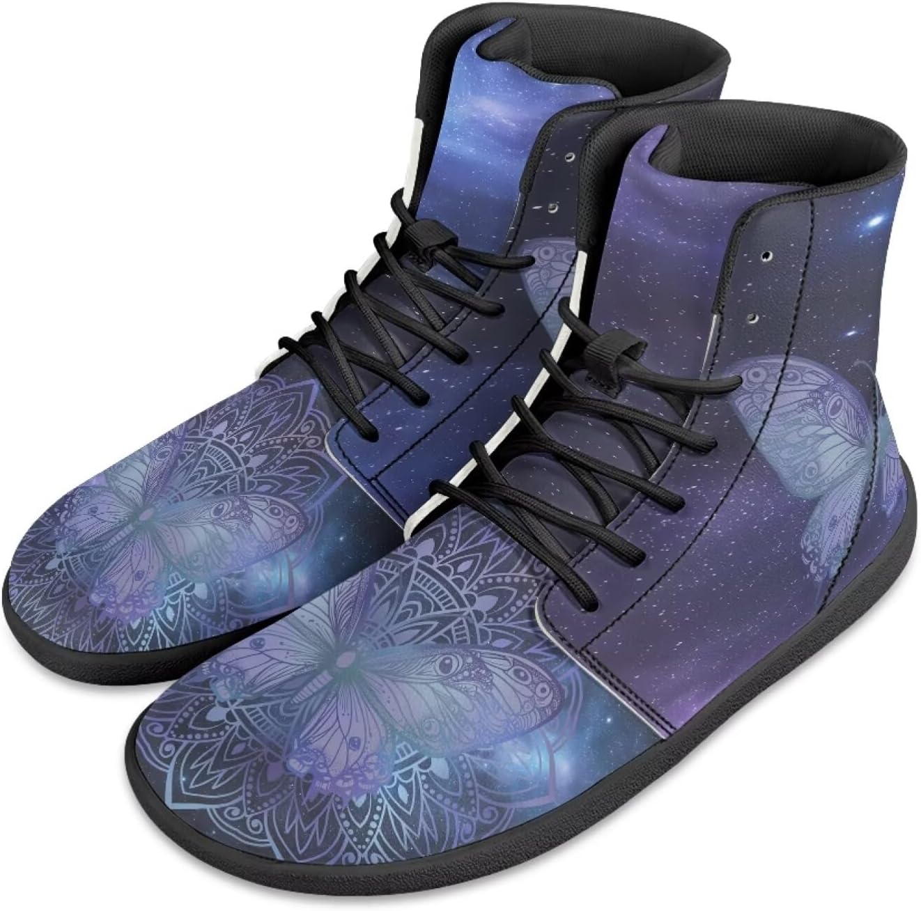 

Кроссовки Jeiento для мужчин и женщин с высоким верхом, босоножки в стиле бохо с мандалой, с широкой носочной частью, без подъема, повседневная обувь, кроссовки-тренеры, Galaxy Bohemian Mandala Flower Butterfly