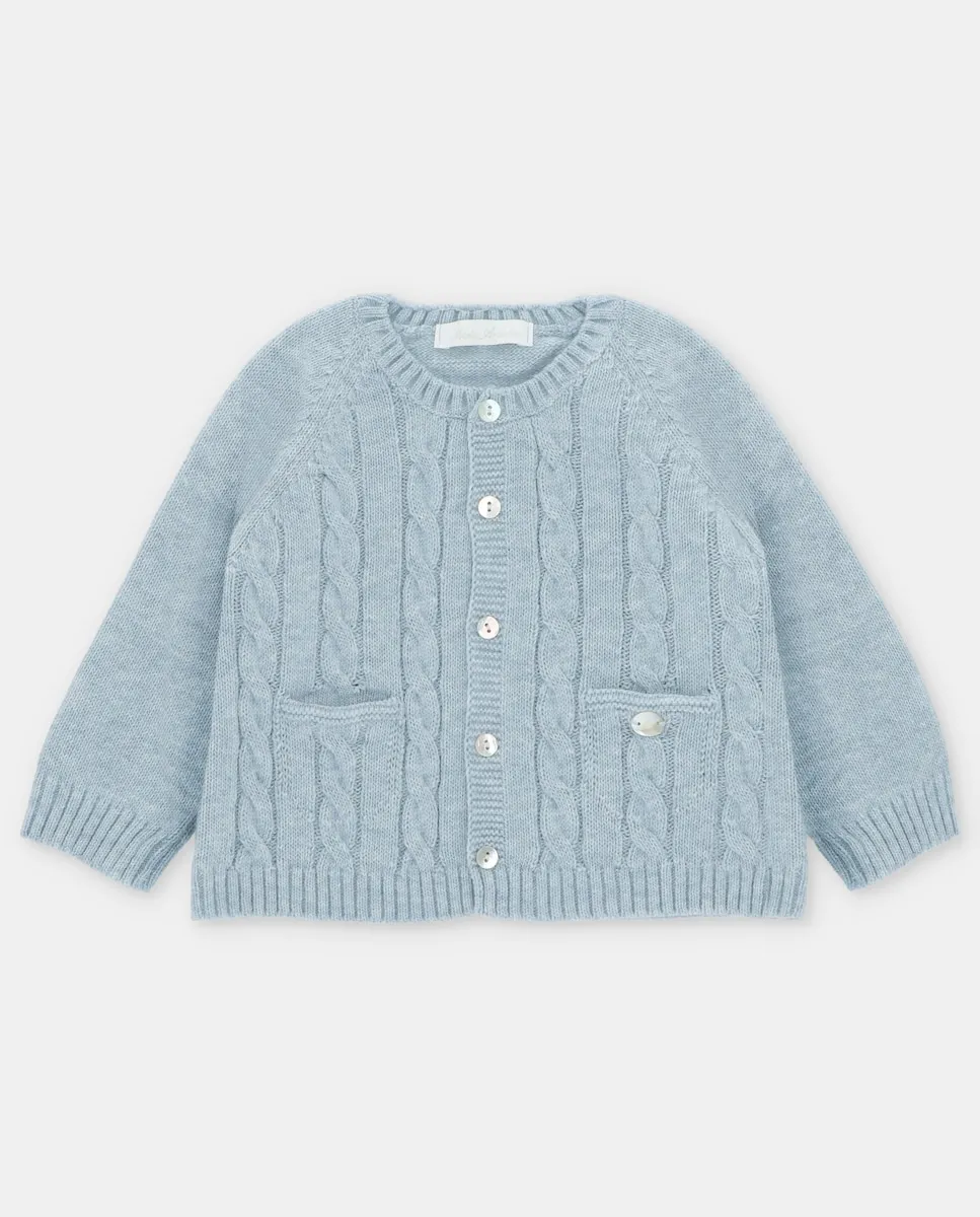 

Вязаная детская куртка с косами и карманами голубовато-серого цвета Martín Aranda