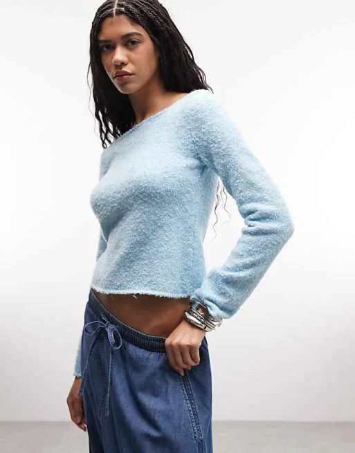 

Синий вязаный топ с фактурным вырезом и вырезом Reclaimed Vintage Boucle