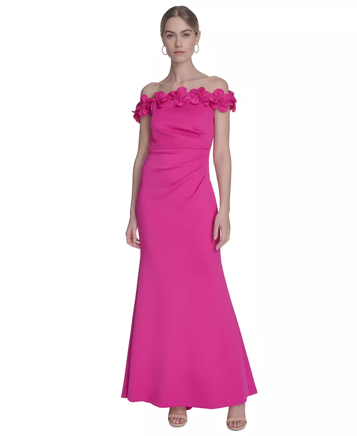 

Платье миниатюрное с рюшами и без бретелей Petite Rosette-Trim-Off-Shoulder Strapless Gown Eliza J, розовый