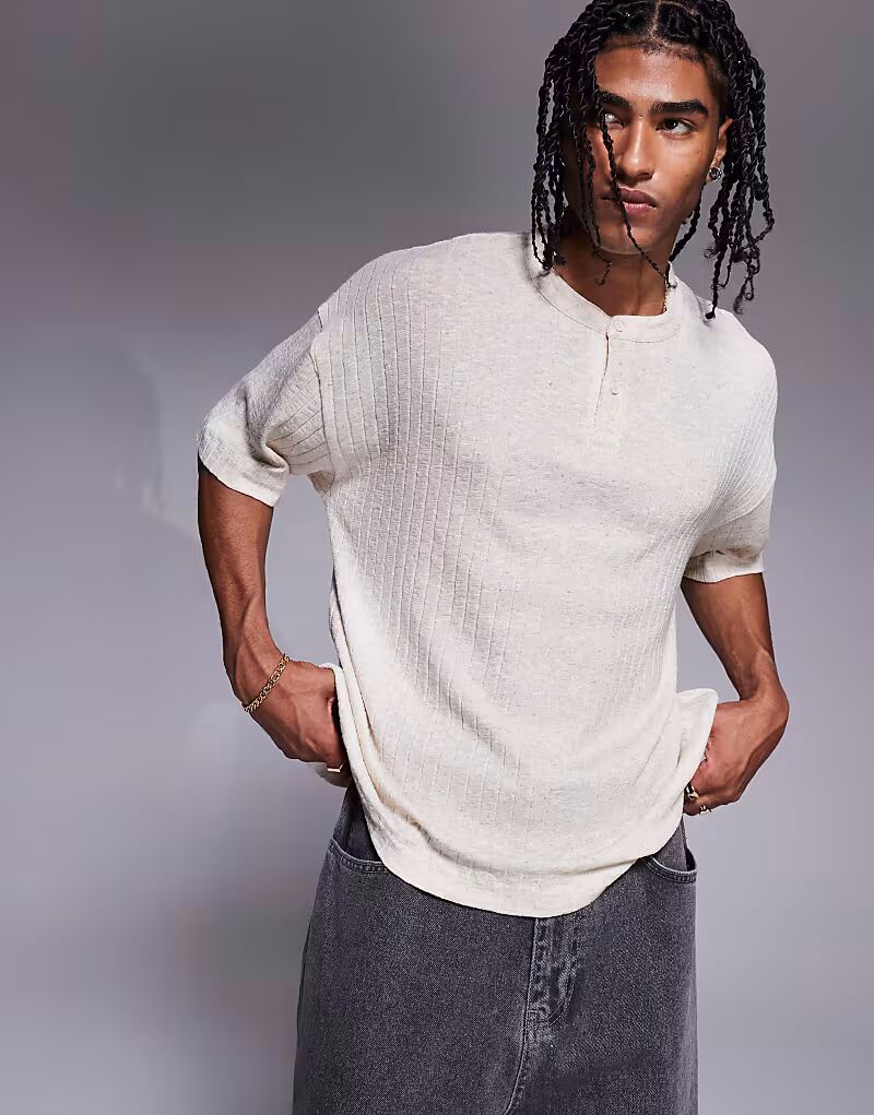 

Футболка свободного кроя свободного кроя с хенли кремового цвета с имитацией льна Asos Design