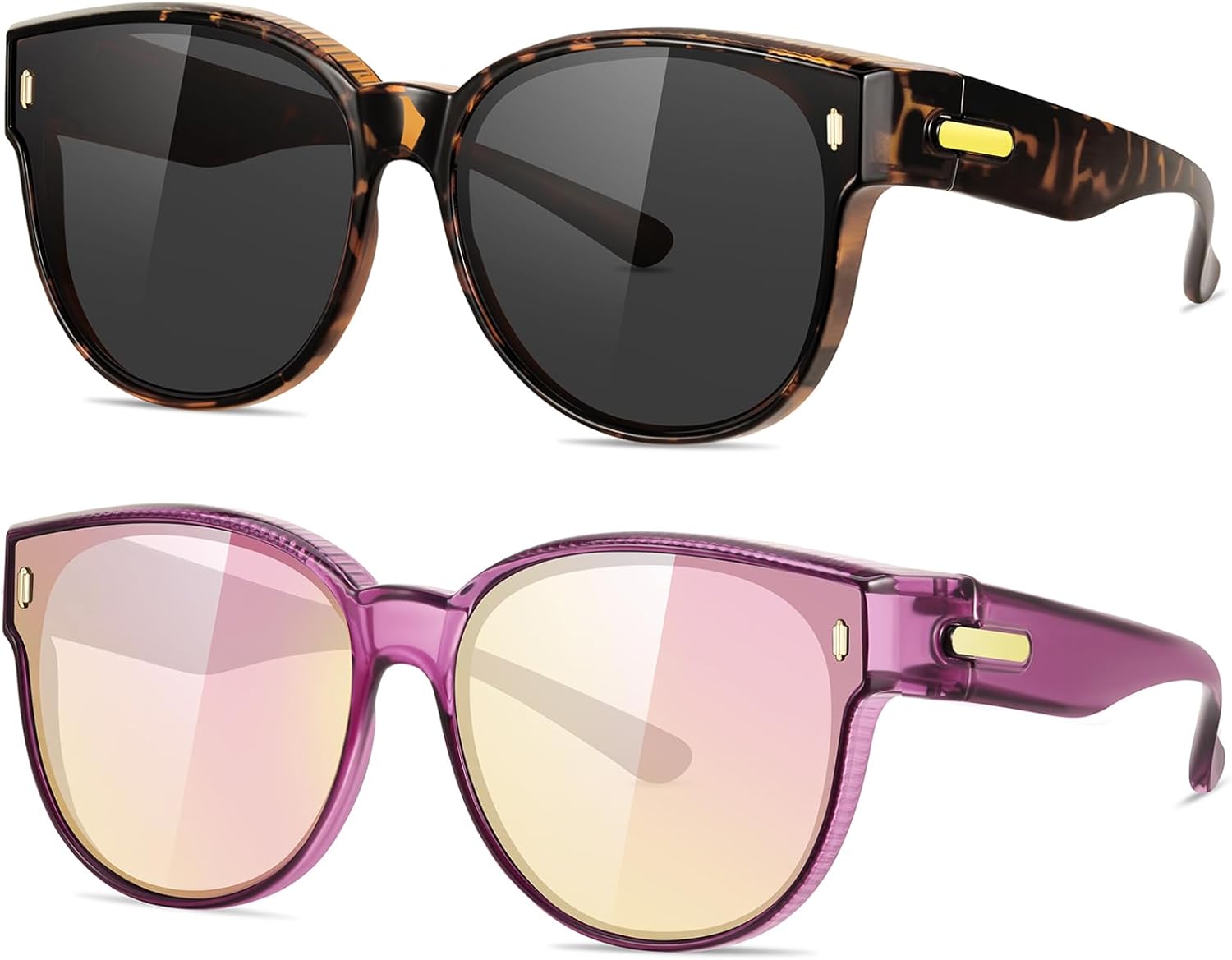 

Поляризованные солнцезащитные очки для женщин, надеваемые поверх обычных очков, модные большие круглые очки, защищающие глаза от ультрафиолета UV400, идеально подходят для вождения YMRFW, 2pack (Tortoise/Gray+purple/Purple Mirror)