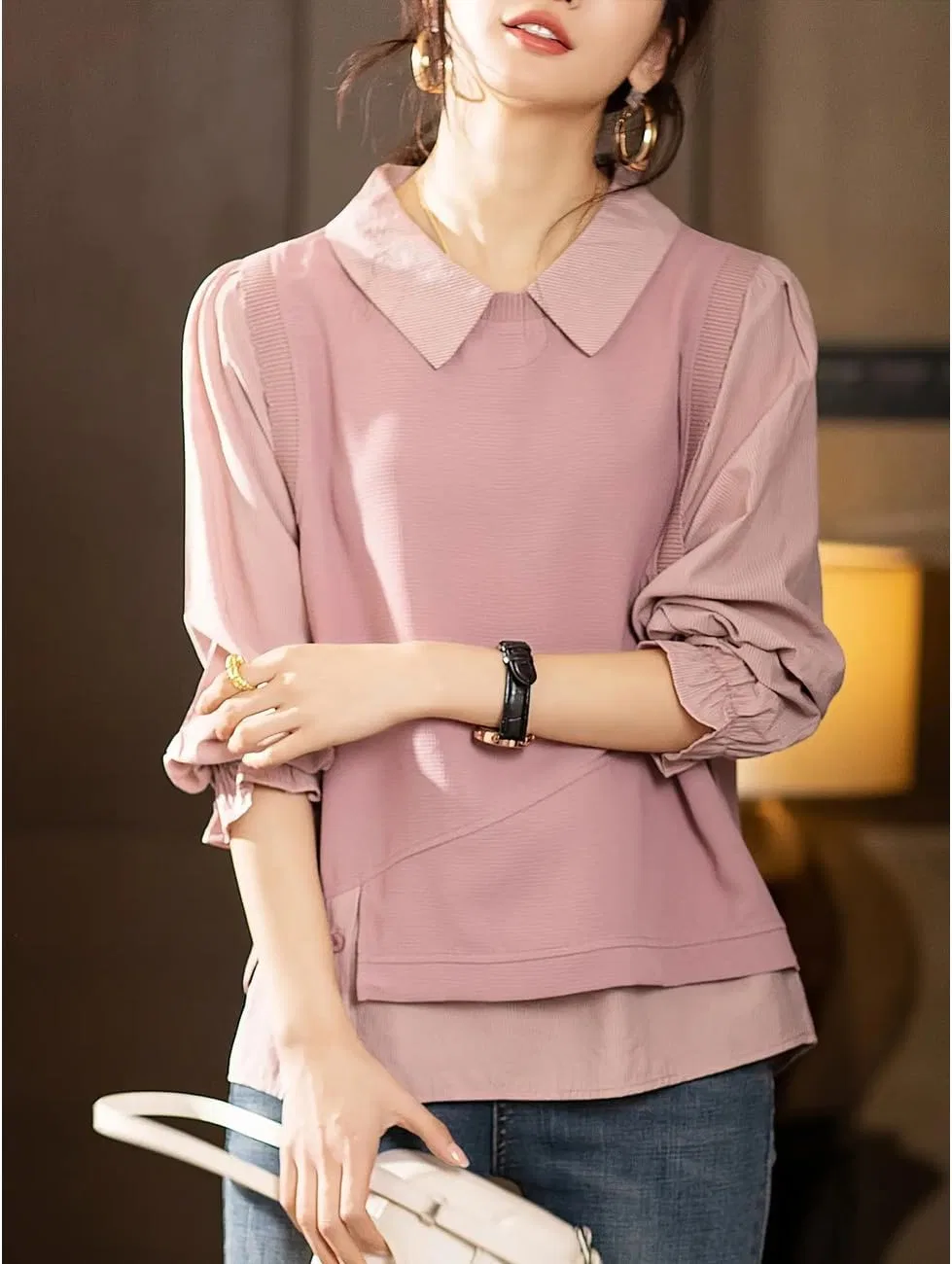 Блуза с жилетом, полосатая, Women's Blouse, Layered Style, Striped, Switchable Top, Long Sleeve, Beautiful, Mature Cute, Slimming, Body Cover, Office, Commuting, Spring, Autumn, Navy, vivid pink — фото 2