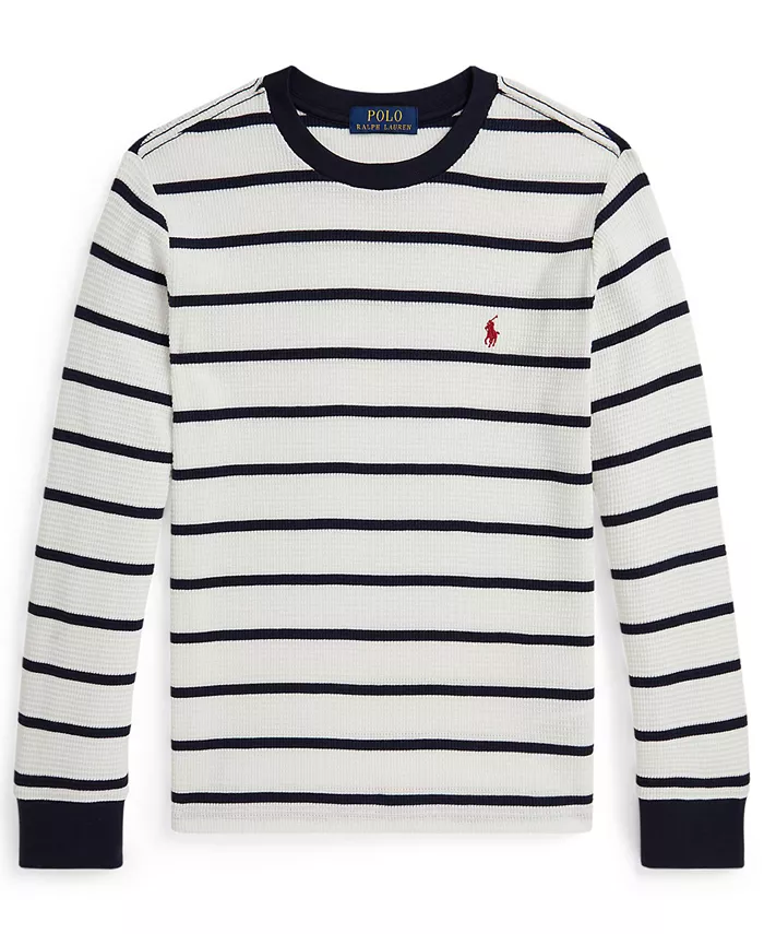 

Мальчиковая футболка с длинным рукавом из вафельного хлопка в полоску, размеры 8-20 Polo Ralph Lauren, слоновая кость/кремовый