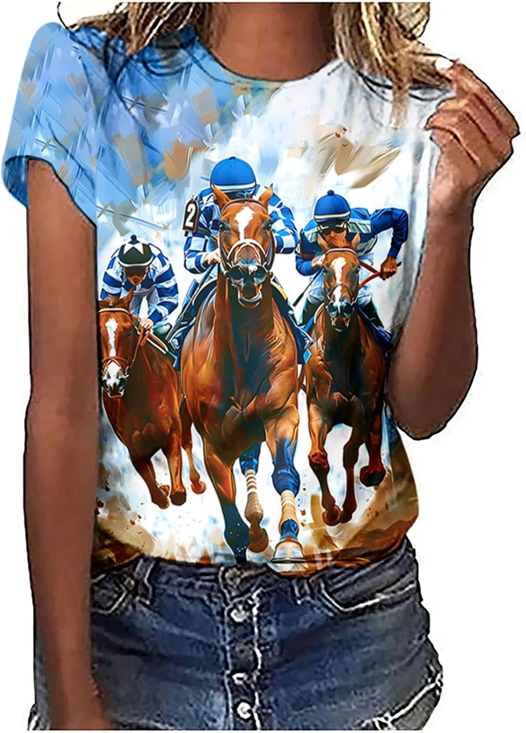 Футболка женская с коротким рукавом, капюшоном, ретро, A02-blue