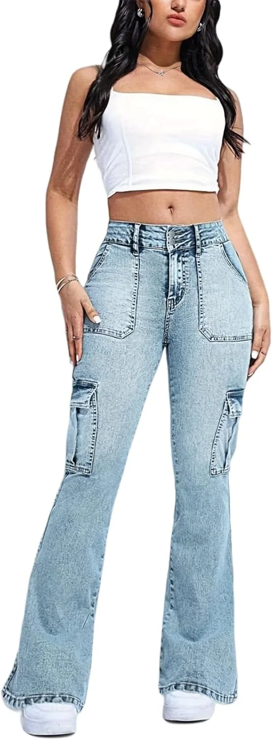 

Женские джинсовые карго-штаны с расклешенным низом, stretch, светлый синий, plus size TimeGofate