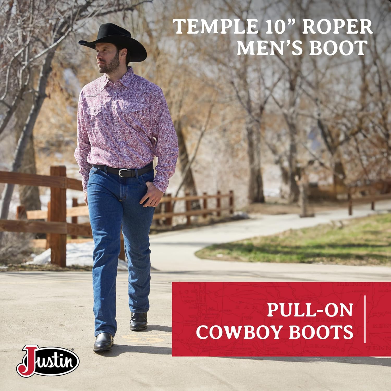 Мужские ковбойские сапоги Justin Temple 10 Roper - прочные сапоги на носке из коровьей кожи с мягкой стелькой и трехслойной подошвой, черный — фото 2