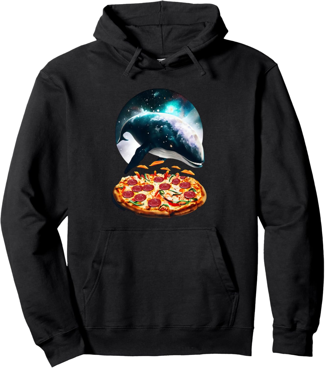 

Худи с изображением плавающего космического кита и пиццы Cosmic Pizza Whale Designs, черный
