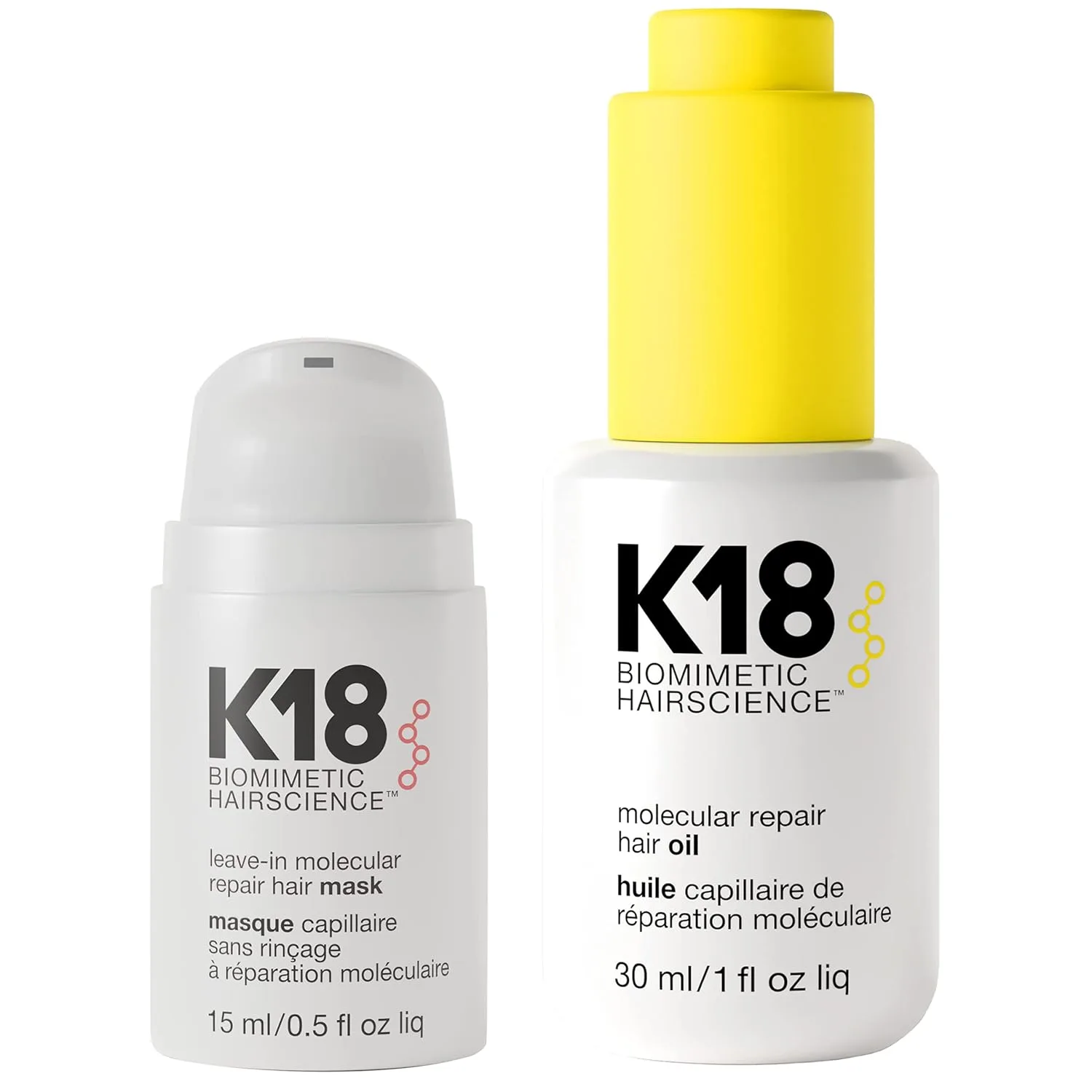 Набор K18 Repair Bundle: несмываемая восстанавливающая маска для волос, 4-минутная процедура для быстрого ухода (15 мл) и невесомое укрепляющее масло для волос (30 мл).