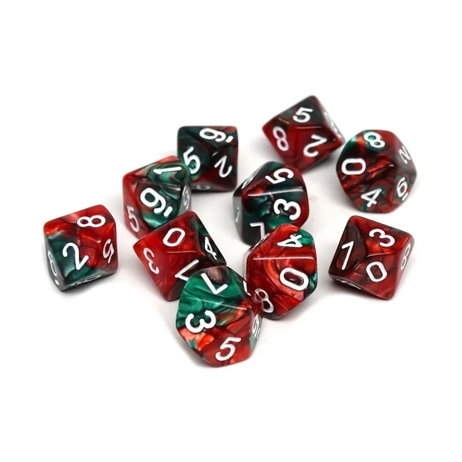 

d10 Зелено-красный водоворот с белым (10), Dice - Assorted (Easy Roller Dice)