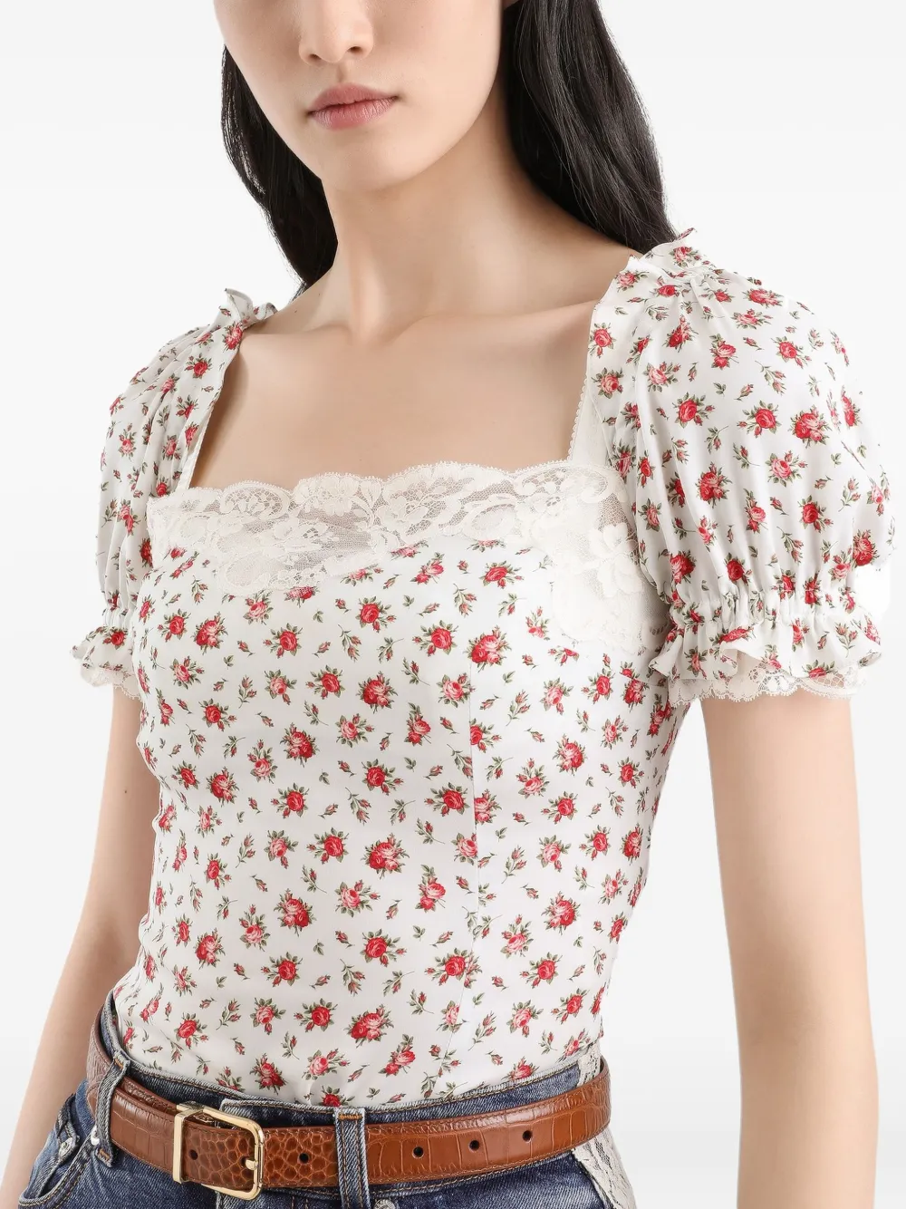 Топ с кружевом и цветочным принтом DOLCE & GABBANA, белый — фото 4