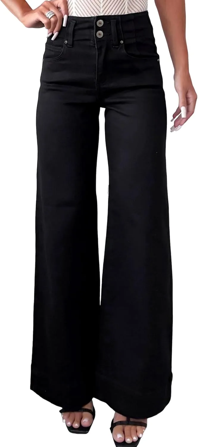 

Женские джинсы черные на высокой талии с расклешенным низом Punude