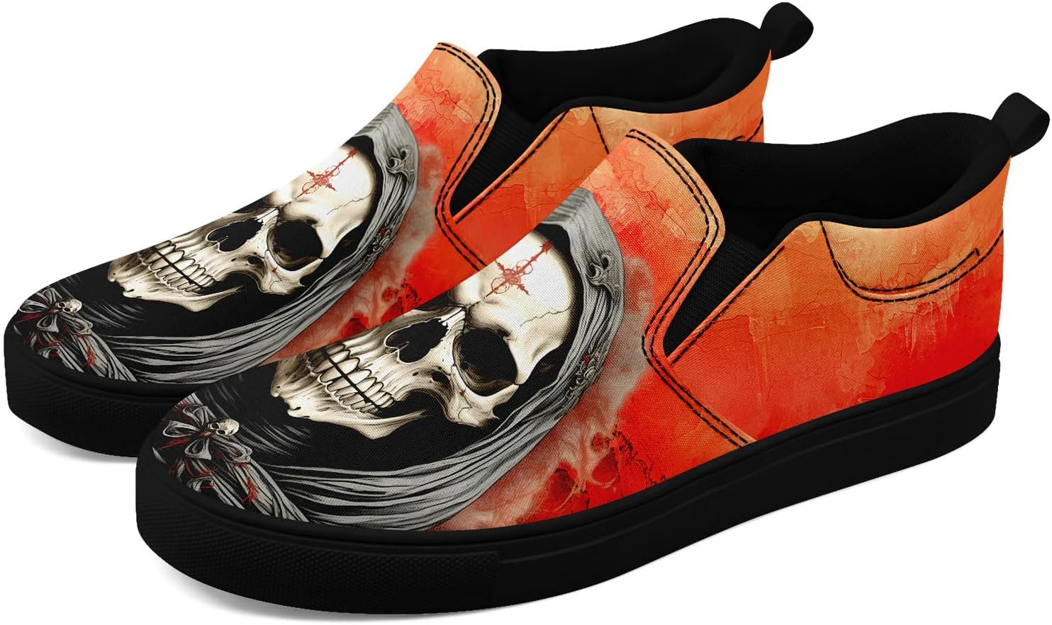 

Стильные слипоны AWSOLE с черепом и цветами из канвы для мужчин и женщин, модные, удобные, легкие кроссовки на плоской подошве, черный/оранжевый/серый