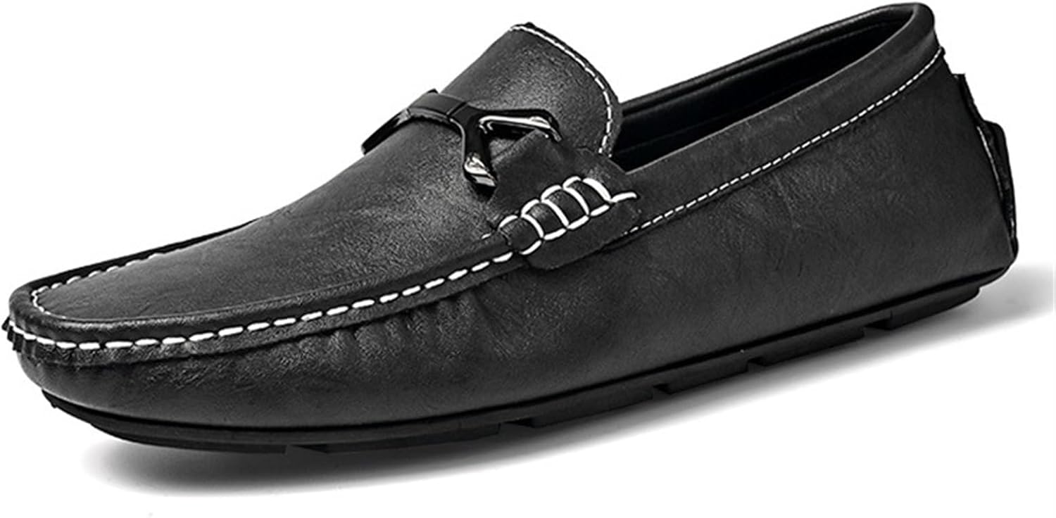 

Мужские повседневные кожаные слипоны с ручной строчкой, удобные туфли для прогулок на улице, круглый носок, легкие плоские туфли для вождения и делового стиля Generic, черный