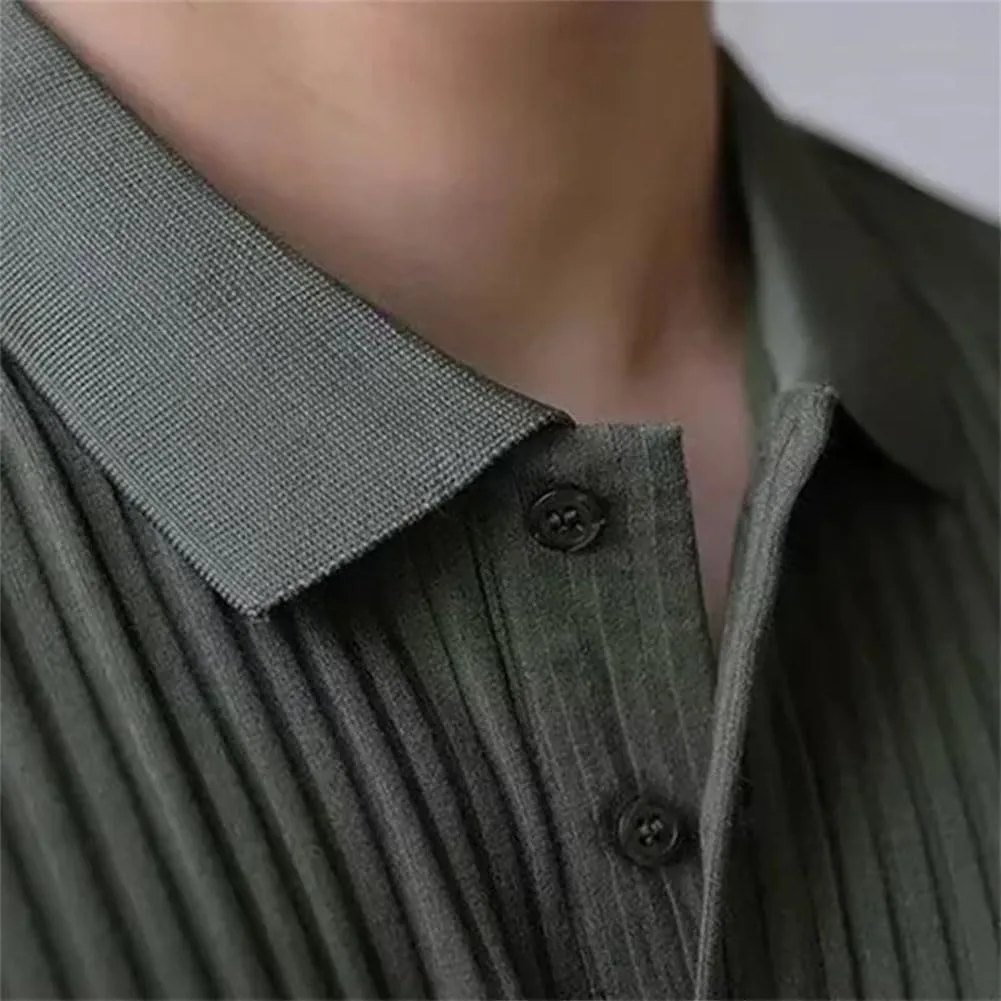Мужской вязаный пуловер с вертикальной полоской Slim, короткий рукав — фото 4