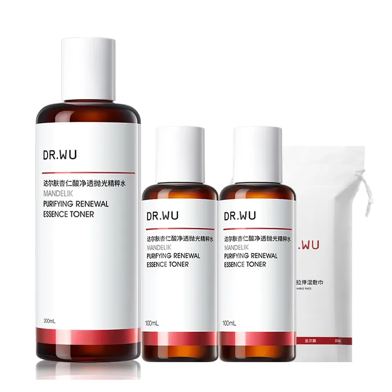 Dr.Wu Тоник-эссенция с очищающей миндальной кислотой, 200ml+100ml*2+Wet Compress Cotton*1 Box (80 Pcs)