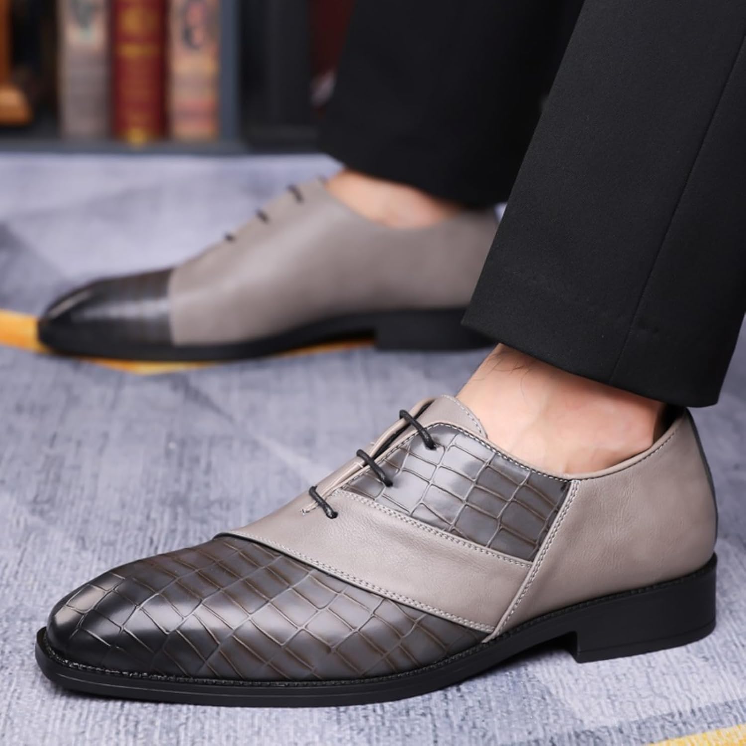 Мужские оксфорды из двухцветной кожаной лоскутной кожи на шнуровке, низкий каблук, формальная текстурированная модель, удобные дерби для вечеринок, свадеб, офиса и работы Netehadi, серый — фото 4