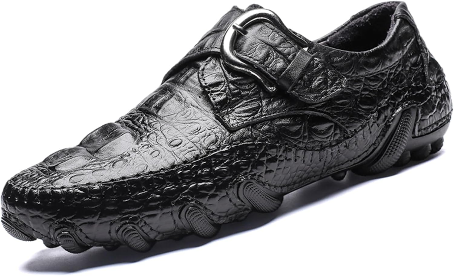 

Мужские лоферы из кожи с тиснением под крокодила, без шнурков, с металлической пряжкой и противоскользящей подошвой - дышащие, гибкие, повседневные для делового стиля Kelibasi, черный